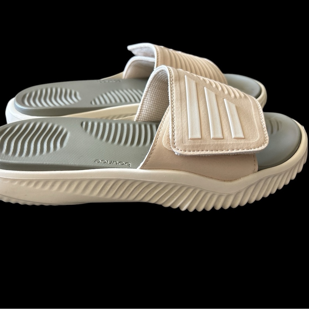 Beige and White Adidas Slides